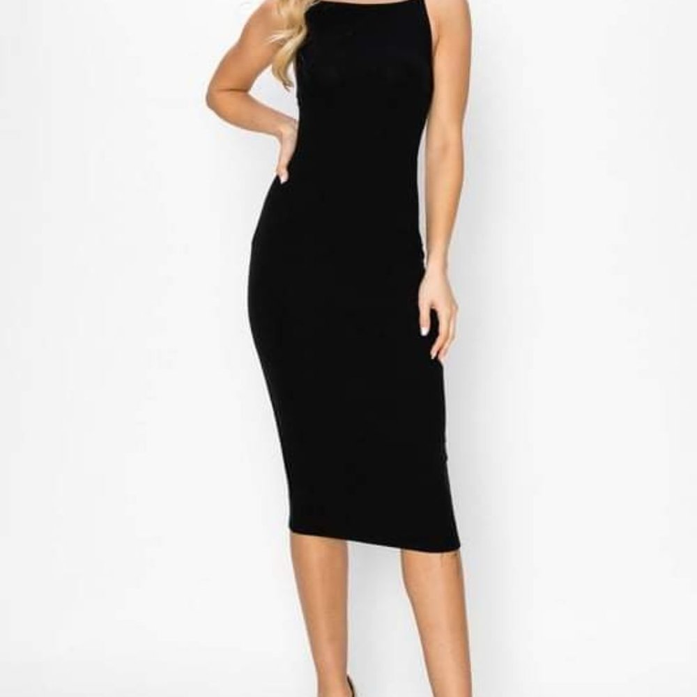 MIDI RIBBED DRESS - BLACK & TAUPE - S, M, L